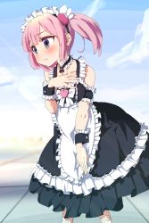 Rule 34 | 1girl, absurdres, alternate costume, bare shoulders, blue eyes, blush, breasts, chiyoda momo, choker, closed mouth, collarbone, enmaided, fishnet pantyhose, fishnets, frilled choker, frills, hair ornament, highres, machikado mazoku, maid, maid headdress, oekakiism, outdoors, pantyhose, pink hair, short hair, small breasts, solo, standing
