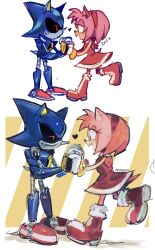 Rule 34 | 1boy, 1girl, 9474s0ul, amy rose, animal ears, animal nose, boots, bracelet, commentary, dress, english commentary, full body, furry, furry female, gloves, green eyes, heart, hetero, highres, holding hands, jewelry, looking at another, metal sonic, open mouth, red dress, red footwear, redrawn, robot, simple background, smile, sonic (series), standing, tail, white background, white gloves