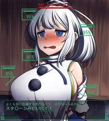 Rule 34 | 1girl, blue eyes, blush, bound, bound arms, breasts, check translation, fallout (series), gero zoukin, grey hair, hat, highres, japanese clothes, japanese text, kariginu, large breasts, mononobe no futo, ponytail, rope, sideboob, solo, sweat, tate eboshi, tears, touhou, translated, translation request, v.a.t.s. (fallout), worried