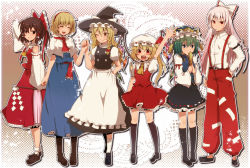 Rule 34 | 6+girls, alice margatroid, aoi (annbi), apron, arm behind head, arm up, ascot, black socks, blonde hair, blue dress, blue eyes, bow, braid, brown eyes, brown hair, capelet, closed eyes, covering face, covering own mouth, covering privates, detached sleeves, dress, female focus, flandre scarlet, fujiwara no mokou, gohei, green hair, hair bow, hair ribbon, hair tubes, hairband, hakurei reimu, hand on own hip, hat, hip focus, holding hands, japanese clothes, kirisame marisa, kneehighs, loafers, miko, multiple girls, no socks, one eye closed, open mouth, pants, red eyes, ribbon, rod of remorse, shiki eiki, shirt, shoes, side ponytail, silver hair, skirt, skirt set, smile, socks, suspenders, touhou, white legwear, wings, wink, witch, witch hat, yellow eyes