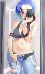 Rule 34 | 1girl, blue hair, blush, breasts, camera, cleavage, clothes pull, creatures (company), denim, game freak, groin, highres, jeans, jtveemo, large breasts, medium breasts, mirror, navel, nintendo, pants, pants pull, perrin (pokemon), pokemon, pokemon sv, pov, shiny skin, short hair, solo