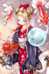 Rule 34 | 1girl, abigail williams (fate), alternate hairstyle, animal, bangs pinned back, black bow, blue eyes, blush, bow, brown hair, bubble, candy apple, commentary request, cotton candy, dema hmw, double bun, eating, fate/grand order, fate (series), fish, floral print, food, goldfish, hair bow, hair bun, hair up, has bad revision, has downscaled revision, highres, holding, holding food, japanese clothes, kimono, long hair, long sleeves, looking at viewer, md5 mismatch, multiple hair bows, obi, orange bow, polka dot, polka dot bow, print kimono, red bow, red kimono, resolution mismatch, sash, sidelocks, sleeves past fingers, sleeves past wrists, solo, source smaller, standing, yukata