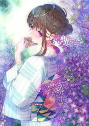 Rule 34 | 1girl, braid, branch, brown hair, envelope, flower, hands up, holding, holding envelope, japanese clothes, kimono, lilac, long hair, long sleeves, looking at viewer, looking back, namanie, nape, obi, original, parted lips, purple eyes, purple flower, sash, solo, uroko (pattern), white kimono