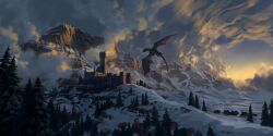 Rule 34 | absurdres, artist name, castle, commentary, dragon, dragon wings, english commentary, evening, fantasy, highres, landscape, mountainous horizon, no humans, original, philipp urlich, scales, scenery, snow, tail, tree, western dragon, wings