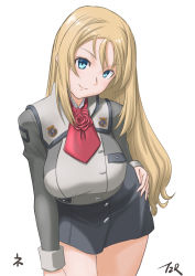 Rule 34 | 1girl, ascot, blonde hair, blue eyes, breasts, flower, highres, kantai collection, large breasts, long sleeves, military, military uniform, nelson (kancolle), pencil skirt, red ascot, red flower, red rose, rose, skirt, smile, solo, t2r, uniform, white background