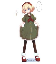 Rule 34 | ..., 10s, 1girl, absurdres, black footwear, black pantyhose, blonde hair, blue eyes, bobby socks, casual, closed mouth, color guide, commentary request, dress, frown, full body, girls und panzer, hair ribbon, highres, katyusha (girls und panzer), lace, lace-trimmed dress, lace trim, mary janes, medium dress, moro (like the gale!), neckerchief, pantyhose, red neckerchief, red ribbon, ribbon, shoes, short hair, short sleeves, skirt hold, socks, solo, spoken ellipsis, standing, white background, white socks