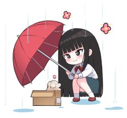 Rule 34 | 1girl, angry, black hair, blunt bangs, blush, bow, bowtie, box, brown footwear, buttoned cuffs, buttons, chibi, closed mouth, commentary, dog, english commentary, flower, frilled skirt, frills, full body, green skirt, grey eyes, holding, holding umbrella, ine (ineinnen), kimi ni todoke, kuronuma sawako, long sleeves, loose bowtie, puddle, rain, school uniform, shirt, simple background, skirt, smile, solo, squatting, umbrella, white background, white legwear, white shirt