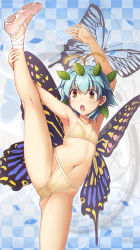 Rule 34 | 1girl, :o, antennae, armpits, arms up, ballet slippers, bare arms, bikini, blue hair, brown eyes, butterfly wings, checkered background, chima q, collarbone, eternity larva, flat chest, gluteal fold, hair ornament, hand on own leg, highres, insect wings, kneepits, leaf hair ornament, navel, short hair, solo, split, standing, standing on one leg, standing split, stomach, swimsuit, touhou, wings, yellow bikini
