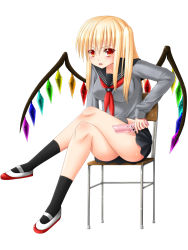 Rule 34 | 1girl, alternate costume, cellphone, chair, crossed legs, crystal, female focus, flandre scarlet, hanazome dotera, long sleeves, looking at viewer, no headwear, phone, red eyes, side ponytail, sitting, solo, touhou, white background, wings