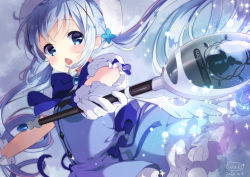Rule 34 | 1girl, blue bow, blue dress, blue eyes, blue hair, blush, bow, brooch, chestnut mouth, commentary request, dated, dress, gochuumon wa usagi desu ka?, hair ornament, hat, holding, jewelry, kafuu chino, long hair, looking at viewer, magical girl, neki (wakiko), open mouth, oversized object, puffy short sleeves, puffy sleeves, shirt, short sleeves, signature, solo, spoon, twintails, very long hair, white hat, white shirt, x hair ornament