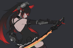 Rule 34 | 1girl, absurdres, backless dress, backless outfit, black background, black choker, black dress, black hair, choker, cjcg8877, dress, from side, gradient hair, headgear, highres, holding, holding sword, holding weapon, joints, long hair, lucia: dawn (punishing: gray raven), lucia (punishing: gray raven), mechanical arms, multicolored hair, parted bangs, parted lips, pointing, punishing: gray raven, red eyes, red hair, robot joints, sidelocks, sleeveless, sleeveless dress, solo, streaked hair, sword, weapon