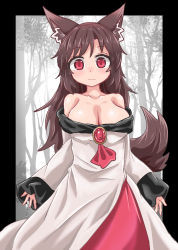 Rule 34 | 1girl, animal ear fluff, animal ears, ascot, black border, border, breasts, brooch, brown hair, chups, cleavage, closed mouth, dress, forest, highres, imaizumi kagerou, jewelry, large breasts, long sleeves, looking at viewer, multicolored clothes, multicolored dress, nature, off-shoulder dress, off shoulder, outdoors, red ascot, red dress, red eyes, sleeves past wrists, solo, standing, tail, touhou, tree, two-tone dress, white dress, wide sleeves, wolf ears, wolf tail