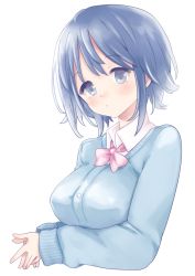 Rule 34 | 1girl, bad id, bad pixiv id, blue eyes, blue hair, blush, bow, breasts, cardigan, large breasts, matching hair/eyes, morina nao, original, own hands together, short hair, solo, upper body