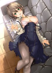 Rule 34 | 10s, 1girl, ahoge, blush, braid, breasts, commentary request, couch, green eyes, gustav (telomere na), idolmaster, idolmaster million live!, idolmaster million live! theater days, jewelry, light brown hair, long sleeves, looking at viewer, medium breasts, necklace, nipples, open mouth, pantyhose, sakuramori kaori, short hair, solo, undressing