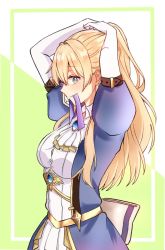 Rule 34 | 00 kuuhaku, 1girl, blonde hair, blue eyes, blue jacket, bow, breasts, commentary, suit jacket, english commentary, from side, hair behind ear, hair tie in mouth, jacket, long hair, marica bellerose, medium breasts, mouth hold, myholo tv, skirt, solo, tying hair, virtual youtuber, white bow, white skirt