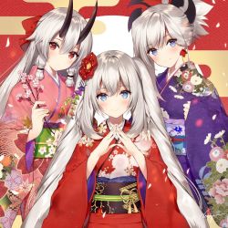 Rule 34 | 3girls, blue eyes, falling leaves, fate/grand order, fate (series), floral print, hair between eyes, hair tubes, head tilt, horns, japanese clothes, kimono, leaf, long hair, looking at viewer, marie antoinette (fate), miyamoto musashi (fate), multiple girls, necomi, obi, oni, oni horns, own hands clasped, own hands together, petals, pink kimono, plant, purple kimono, red eyes, red kimono, sash, sidelocks, signature, silver hair, standing, tomoe gozen (fate), twintails, very long hair, wide sleeves