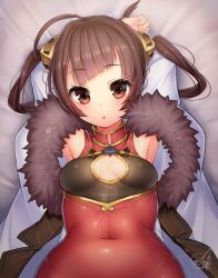 Rule 34 | 1girl, :o, ahoge, armpits, arms behind head, arms up, azur lane, bed sheet, blunt bangs, breasts, brown eyes, brown hair, china dress, chinese clothes, cleavage cutout, clothing cutout, commentary request, covered erect nipples, covered navel, doyouwantto, dress, from above, fur-trimmed jacket, fur trim, gold trim, hair ornament, high collar, highres, jacket, long hair, long sleeves, looking at viewer, lying, on back, open clothes, open jacket, ping hai (azur lane), red dress, shiny clothes, shiny skin, sidelocks, signature, small breasts, solo, twintails, upper body, white jacket