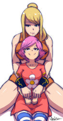 Rule 34 | 2girls, akairiot, alternate costume, animal crossing, artist name, bad id, bad tumblr id, bike shorts, blonde hair, blush, breast press, breasts, brown eyes, crossover, dress, green eyes, hair up, halterneck, height difference, hug, hug from behind, large breasts, long hair, metroid, midriff, mole, mole under mouth, multiple girls, nintendo, pantyhose, pink hair, ponytail, samus aran, short hair, signature, simple background, sitting, sitting on lap, sitting on person, small breasts, smile, sports bra, striped clothes, striped legwear, striped pantyhose, sundress, super smash bros., swept bangs, villager (animal crossing), wrist cuffs, wristband, yuri