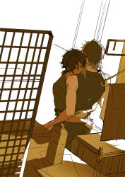 Rule 34 | 2boys, arknights, bare arms, black jacket, black shirt, bottle, braid, chinese commentary, commentary request, dark-skinned male, dark skin, elysium (arknights), gloves, grey hair, highres, hug, indoors, jacket, limited palette, male focus, material growth, multicolored hair, multiple boys, oripathy lesion (arknights), red hair, shirt, short hair, side braid, sleeveless, sleeveless shirt, sleeves rolled up, streaked hair, thorns (arknights), white background, white gloves, white hair, xiandao1213, yaoi