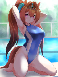 Rule 34 | 1girl, absurdres, animal ears, antenna hair, arms behind head, backlighting, barefoot, blue one-piece swimsuit, breasts, brown hair, chain-link fence, commentary request, competition swimsuit, daiwa scarlet (umamusume), fence, hair between eyes, hair intakes, highleg, highleg swimsuit, highres, horse ears, horse girl, horse tail, kneeling, large breasts, long hair, looking at viewer, nanao futaba, one-piece swimsuit, parted bangs, pool, red eyes, solo, swimsuit, tail, thighs, tiara, twintails, umamusume, very long hair