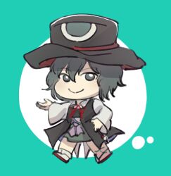 Rule 34 | 1other, androgynous, aqua background, black coat, black eyes, black hair, black headwear, bow, bowtie, calligraphy brush, chibi, chinese commentary, closed mouth, coat, collared shirt, commentary request, enraku tsubakura, eye of senri, eye on hat, geta, green skirt, hakama, hakama short skirt, hakama skirt, hand on own hip, hat, holding, holding brush, japanese clothes, len&#039;en, long sleeves, looking at viewer, outstretched arms, paintbrush, red bow, red bowtie, red footwear, sdz (inazuma), shirt, short hair, skirt, sleeveless, sleeveless coat, smile, socks, tabi, thought bubble, top hat, white shirt, white socks, wide sleeves