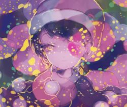 Rule 34 | 1girl, abstract background, blob, blue hair, dark, doremy sweet, dress, hat, looking at viewer, nightcap, one-hour drawing challenge, one eye covered, pom pom (clothes), short hair, smile, solo, touhou, tsukamoto anabone, upper body, yellow eyes