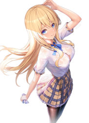 Rule 34 | 1girl, arm up, blonde hair, blue bow, blue eyes, bow, bra, bra visible through clothes, breasts, brown pantyhose, brown skirt, button gap, closed mouth, collared shirt, commentary request, dress shirt, foreshortening, hair between eyes, highres, holding, long hair, looking at viewer, medium breasts, original, pantyhose, plaid, plaid skirt, pleated skirt, ririko (zhuoyandesailaer), saegusa futaba, see-through, shirt, shirt tucked in, short sleeves, simple background, skirt, smile, solo, standing, underwear, very long hair, wet, wet clothes, wet shirt, white background, white bra, white shirt