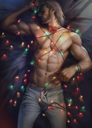 Rule 34 | 1boy, abs, aenaluck, artist name, bara, bed, chest hair, christmas lights, closed eyes, facial hair, grey hair, grey pants, highres, large pectorals, lying, male focus, master (aenaluck), muscular, muscular male, navel, nipples, on back, on bed, original, pants, pectorals, short hair, sleeping, solo, topless male