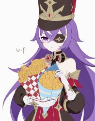 Rule 34 | 1girl, :t, bare shoulders, black dress, black hat, chevreuse (genshin impact), dress, earmuffs, earmuffs around neck, eyepatch, food, genshin impact, gloves, grey background, hat, highres, holding, holding food, long hair, mole, mole under mouth, multicolored hair, nirako mona, puffy short sleeves, puffy sleeves, purple eyes, purple hair, red dress, shako cap, short sleeves, solo, streaked hair, two-tone dress, unfinished, upper body, very long hair, white gloves, white hair