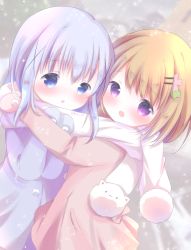 Rule 34 | 2girls, :d, :o, blue eyes, blue hair, blue jacket, blue mittens, blush, brown hair, brown jacket, commentary request, dutch angle, gochuumon wa usagi desu ka?, hair between eyes, hair ornament, hairclip, hoto cocoa, hug, jacket, kafuu chino, looking at viewer, looking to the side, mittens, multiple girls, open mouth, parted lips, pink mittens, purple eyes, rin (fuwarin), scarf, shared clothes, shared scarf, smile, tippy (gochiusa), twitter username, white scarf