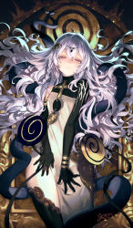 Rule 34 | 1girl, absurdres, black gloves, closed mouth, commentary request, commission, cross, dress, eyebrows hidden by hair, gloves, hair between eyes, half-closed eyes, highres, latin cross, long hair, looking at viewer, original, pixiv commission, red eyes, signature, silver hair, solo, tentacles, umiu geso, very long hair, white dress