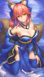 Rule 34 | 1girl, animal ear fluff, animal ears, bare shoulders, blue kimono, blue ribbon, blue thighhighs, blush, breasts, cleavage, commentary, commentary request, detached sleeves, fate/extra, fate/grand order, fate (series), fox ears, fox girl, fox tail, full moon, hair ribbon, japanese clothes, kimono, large breasts, looking at viewer, moon, multiple tails, pink hair, rg (rglee), ribbon, sitting, solo, tail, tamamo (fate), tamamo no mae (fate/extra), thighhighs, water, yellow eyes