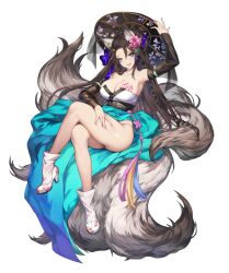 Rule 34 | 1girl, animal ear fluff, animal ears, armpits, blue dress, braid, breast tattoo, breasts, brown dust 2, brown hair, crossed legs, curvy, dalvi (brown dust), deep skin, detached sleeves, dress, floral print, flower, fox ears, fox tail, full body, hair between eyes, hair flower, hair ornament, hand on headwear, hand on own thigh, hat, high heels, highres, jingasa, large breasts, lipstick, long hair, looking at viewer, makeup, multiple tails, official art, second-party source, shiny skin, sitting on own tail, smile, socks, solo, stiletto heels, tail, tattoo, thick thighs, thighs, triangle mouth, two-tone dress, very long hair, white dress, white footwear, white socks