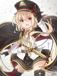 Rule 34 | 1girl, absurdres, aiguillette, alternate costume, belt, black cape, black gloves, black skirt, black thighhighs, blonde hair, blush, buttons, cape, collared shirt, commentary request, coreytaiyo, cowboy shot, dated, emblem, eyelashes, fang, flandre scarlet, floral print, gem, glitter, gloves, gradient background, grey background, hair between eyes, hand up, hat, hat ribbon, highres, long sleeves, looking at viewer, military, military hat, military uniform, neck ribbon, open mouth, red eyes, red ribbon, ribbon, saber (weapon), sheath, sheathed, shirt, short hair, shoulder pads, side ponytail, signature, skirt, sleeve cuffs, solo, sparkle, sword, texture, thighhighs, tongue, touhou, uniform, v-shaped eyebrows, weapon, white background, white shirt, wing collar, wings, zettai ryouiki