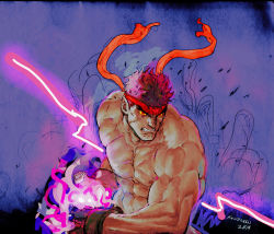 Rule 34 | 1boy, abs, colored sclera, dark persona, energy ball, evil ryu, eyebrows, fingerless gloves, gloves, hadouken, headband, male focus, muscular, navel, red eyes, red hair, ryu (street fighter), topless male, short hair, solo, spiked hair, steven mack, street fighter, thick eyebrows, yellow sclera