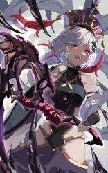 Rule 34 | 1girl, alter ego malevolent (granblue fantasy), apsaras (granblue fantasy), bare shoulders, black dress, breasts, bridal gauntlets, clothing cutout, djeeta (granblue fantasy), dress, earrings, fangs, granblue fantasy, grey hair, hagoromo, hair ornament, hat, highres, holding, holding scythe, ikenotori, jewelry, looking at viewer, pointing, pointing at self, red eyes, scythe, shawl, short hair, small breasts, smile, solo, stud earrings, tassel, tongue, tongue out, twitter username, x hair ornament
