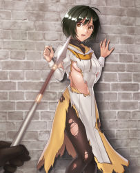 Rule 34 | 1girl, against wall, black hair, black pantyhose, blurry, breasts, brick wall, brown eyes, commission, depth of field, dress, fire emblem, fire emblem: radiant dawn, hazuki (nyorosuke), highres, laura (fire emblem), looking at viewer, navel, nintendo, open mouth, pantyhose, polearm, scared, short hair, skeb commission, small breasts, solo focus, spear, sweatdrop, torn clothes, torn dress, torn legwear, turtleneck, underboob, weapon