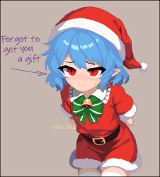 1girl arms_behind_back bell blue_hair bow custard_flan dress english_text fur-trimmed_headwear fur-trimmed_skirt fur_trim green_bow hat jingle_bell knees_out_of_frame pointy_ears red_eyes remilia_scarlet santa_costume santa_dress santa_hat skirt solo sweat thighhighs touhou twitter_username white_thighhighs