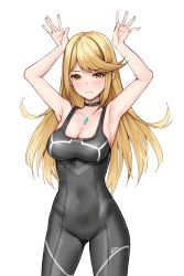 Rule 34 | 1girl, black choker, blonde hair, blush, breasts, choker, cleavage, cosplay, eunie (xenoblade), highres, large breasts, long hair, looking at viewer, matrix16, mythra (xenoblade), open clothes, solo, xenoblade chronicles (series), xenoblade chronicles 2, xenoblade chronicles 3