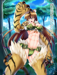 Rule 34 | 1girl, abs, animal ears, animal hands, armor, bikini, bikini armor, blush, breasts, brown hair, bursting breasts, butter-t, claws, cleavage, codpiece, female focus, forest, green panties, jinko (monster girl encyclopedia), large breasts, long hair, looking at viewer, midriff, monster girl, monster girl encyclopedia, monster girl encyclopedia ii, multicolored hair, muscular, muscular female, nature, navel, open mouth, panties, revealing clothes, shoulder armor, solo, stomach, striped, swimsuit, tail, tears, tiger, translated, two-tone hair, underwear, very long hair, yellow eyes