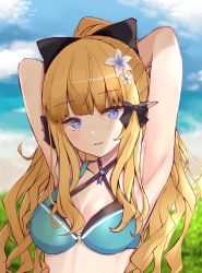 Rule 34 | 1girl, blonde hair, blue eyes, blush, breasts, female focus, highres, long hair, looking at viewer, medium breasts, outdoors, ponytail, princess connect!, saren (princess connect!), solo, yasushi (n0t 0t4ku)