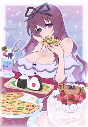 Rule 34 | 1girl, birthday cake, breasts, cake, crescent, crescent necklace, drinking straw, eating, food, fork, highres, jewelry, large breasts, long hair, looking at viewer, murasaki (senran kagura), necklace, pizza, purple eyes, purple hair, purple theme, senran kagura, senran kagura estival versus, smoothie, sushi, twitter username, y.o (chuchu)