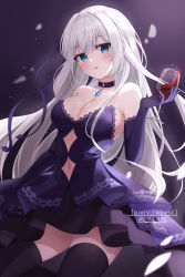 Rule 34 | 1girl, alcohol, artist name, black choker, black thighhighs, blue eyes, breasts, choker, cleavage, clothing cutout, commission, cup, dress, drinking glass, elbow gloves, gloves, gya (144), hair ribbon, highres, large breasts, long hair, navel cutout, original, pixiv commission, purple gloves, purple ribbon, ribbon, thighhighs, white hair, wine glass