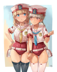 Rule 34 | :o, absurdres, anchor symbol, belt, belt pouch, black legwear, blonde hair, blouse, blue eyes, blue neckerchief, blunt bangs, blush, border, bracelet, brown eyes, closed mouth, collarbone, commentary request, competition school swimsuit, covered navel, eye contact, hand on own hip, highres, holding hands, interlocked fingers, jewelry, looking at another, low twintails, michairu, multicolored background, neckerchief, one-piece swimsuit, original, outside border, parted lips, pouch, red one-piece swimsuit, sailor collar, school swimsuit, school uniform, serafuku, shirt, short sleeves, silver hair, smile, sweatband, swimsuit, swimsuit under clothes, thighhighs, twintails, watch, white border, white headwear, white legwear, white sailor collar, white shirt, wristwatch, yellow neckerchief, yuri