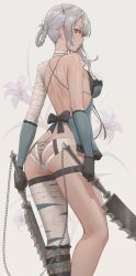 Rule 34 | 1girl, absurdres, ass, back, bandaged arm, bandaged leg, bandages, bare shoulders, black gloves, braid, braided hair rings, breasts, brown eyes, butt crack, chain, free style (yohan1754), gloves, grey hair, hair rings, highres, kaine (nier), large breasts, lingerie, long hair, looking at viewer, nier, nier (series), panties, single thighhigh, solo, sword, thigh strap, thighhighs, thighs, underwear, weapon, white panties