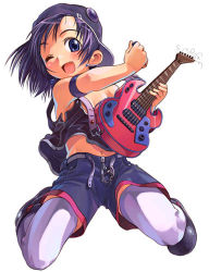 Rule 34 | blush, child, electric guitar, gibson sg, guitar, happy, hat, instrument, lowres, one eye closed, purple hair, satou toshiyuki, short hair, shorts, solo, thighhighs, white thighhighs, wink