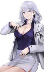 Rule 34 | 1girl, absurdres, bandaged neck, bandages, blouse, breasts, business suit, cleavage, earpiece, feet out of frame, formal, fte (fifteen 199), girls&#039; frontline, grey hair, highres, id card, jacket, looking at viewer, medium breasts, medium hair, official alternate costume, open clothes, open jacket, open mouth, open shirt, purple eyes, purple shirt, rpk-16 (girls&#039; frontline), rpk-16 (renate) (girls&#039; frontline), shirt, sitting, skirt, smile, solo, suit, sweat, veins, veiny breasts, white background, white jacket, white skirt, white suit