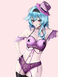 Rule 34 | 1girl, absurdres, alternate costume, bare shoulders, black hairband, black thighhighs, blue hair, blush, breasts, cleavage, commentary, cowboy shot, crop top, eula (genshin impact), genshin impact, grey choker, hairband, highres, long hair, looking at viewer, midriff, momoz2p, navel, off-shoulder shirt, off shoulder, open mouth, panties, pink background, pink headwear, purple eyes, purple panties, purple shirt, shirt, short sleeves, simple background, small breasts, solo, standing, stomach, thighhighs, underwear