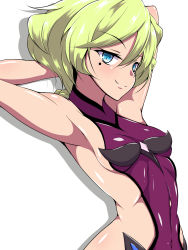 Rule 34 | 1girl, aimo (aimo1214), armpits, arms behind head, arms up, bare shoulders, blonde hair, blue eyes, blush, breasts, carol malus dienheim, closed mouth, hair between eyes, highres, looking at viewer, mole, mole under eye, seductive smile, senki zesshou symphogear, shiny skin, short hair, simple background, small breasts, smile, solo, upper body, white background