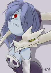Rule 34 | 1girl, blue background, blue hair, blue skin, colored skin, frown, grey background, hair over one eye, leviathan (skullgirls), looking at viewer, mtk hoshi, red eyes, side ponytail, skullgirls, solo, squigly (skullgirls), stitched mouth, stitches, upper body, zombie